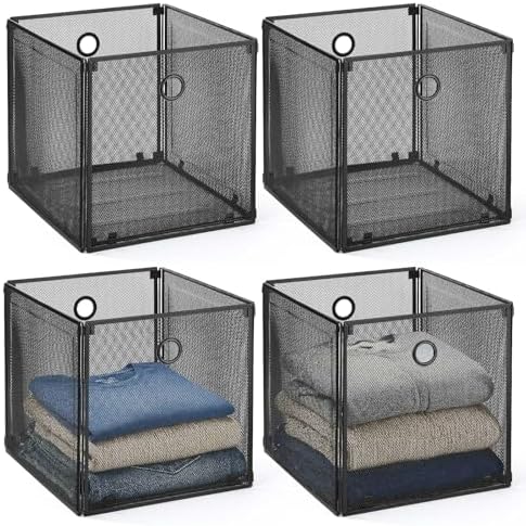 4 Pcs Foldable Metal Cube Storage Baskets, 13x13in, Black by Ferrochef