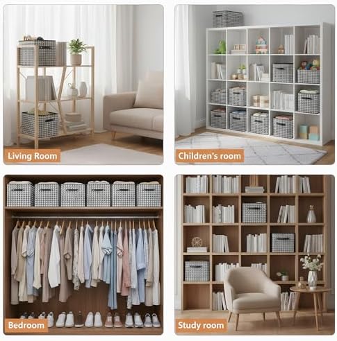 6 Pack Large Collapsible Storage Baskets for Shelves,14.9"x9.5" Fabric Closet storage Boxes with Leather Handles,Decorative Organizers Storage Bins for Clothes,Sheets,Toys,Books,(Houndstooth - Image 5
