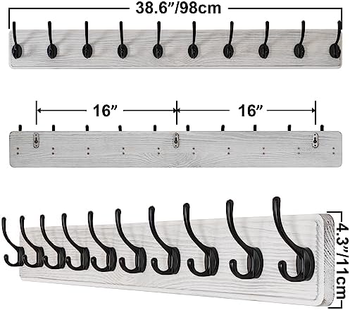 SKOLOO Rustic Wall Mounted Coat Rack, 10 Hooks, 38", Solid Wood, White - Image 6