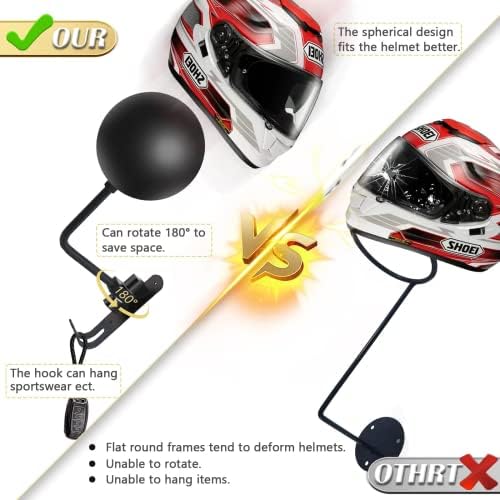 Kikerike Motorcycle Helmet Rack Wall Mount with 180 Degree Rotation and 2 Hooks - Metal Helmet Holder Display Stand, Black, 6 Pcs - Image 4