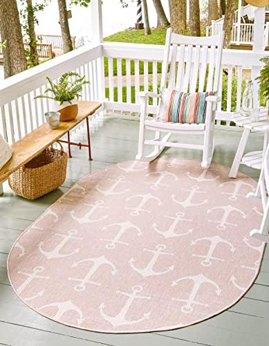 Unique Loom Outdoor Coastal Collection Area Rug - Ahoy (7' 10" x 10' Oval, Pink/ Ivory) by UniqueLoom