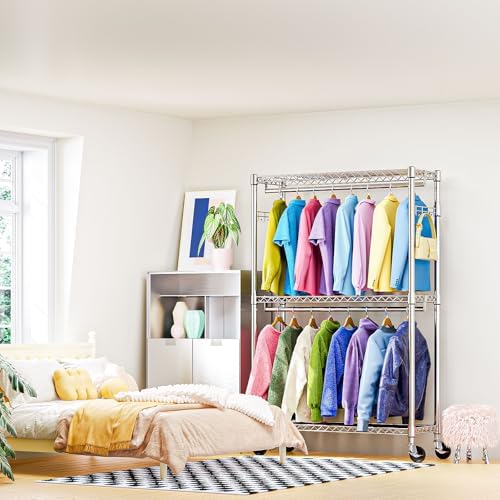 M MZG Heavy Duty Rolling Garment Rack 3 Tiers Adjustable Wire Shelving Clothes Rack with 2 Rods and Side Hooks,Storage Closet Clothing Rack with Wheels Chrome 15.7" D x 45.3" W x 79.6" H - Image 6