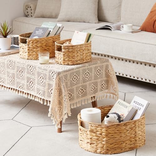 Vagusicc Wicker Basket, 3-Pack Hand-Woven Water Hyacinth Wicker Storage Basket with Handles, Large Woven Storage Baskets for Shelves, Round Storage Baskets for Organizing & Decor - Image 5