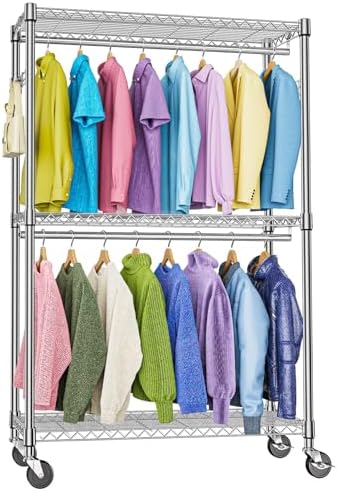 M MZG Heavy Duty Rolling Garment Rack 3 Tiers Adjustable Wire Shelving Clothes Rack with 2 Rods and Side Hooks,Storage Closet Clothing Rack with Wheels Chrome 15.7" D x 45.3" W x 79.6" H by MEIGAOPLASTICANDMETALHKCOLIMITED