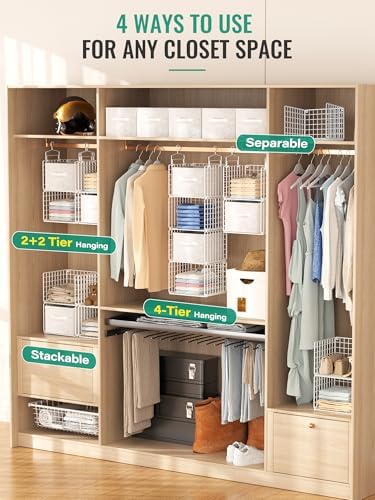 Hanging Closet Organizer with Drawers, 4 Tier Metal Closet Organizers and Storage with 4 Hanging Hooks 4 S-Hooks for Wardrobe Laundry Room, Wire Storage Shelf for Clothes Sweaters Pants (White) - Image 5