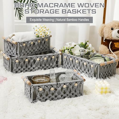Vesici 4 Pcs Grey Macrame Storage Basket for Shelves 13 in 11 in Boho Storage Basket Hand Woven Boxes with Wood Handles Beads Decorative Countertop Toilet Tank Cabinet Organizer for Home Room Decor - Image 5