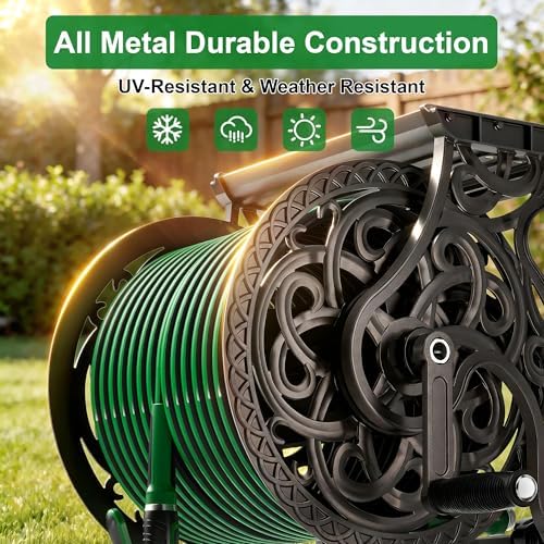Garden Hose Reel Wall Mount Metal, Holds 125 ft x 5/8" Decorative Water Hose Holder for Outside Storage, Heavy Duty Aluminum Frame w/Shelf, No-Leak Aluminum Water System, Easy Assmbly, Dark Bronze - Image 3