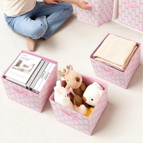 6 Pcs Pink Bow Cube Storage Bins 12.5 Inch Storage Basket with Handle, Cute Girls Organizer Basket, Collapsible Fabric Box for Classroom Bedrooms Office Home Decoration (Bow) - Image 5