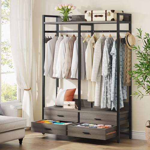 Tribesigns Freestanding Closet Organizer for Hanging Clothes, Heavy Duty Garment Rack with 4 Drawers, 8 Hooks and Storage Shelves, Wardrobe Closet Clothing Rack for Bedroom, Living Room, Grey by Tribesigns