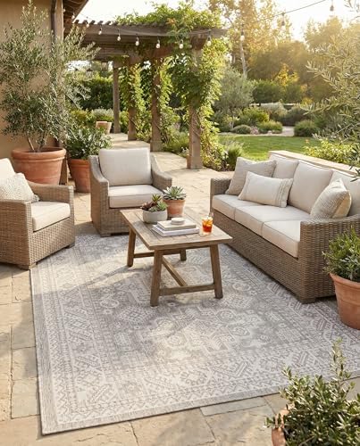 Rugs.com - Outdoor Aztec Rug – 6' 1 x 9' Light Gray Indoor/Outdoor Rug – Easy-Clean and Weather-Resistant, Perfect for Patios, Decks, and Porches by Rugscom