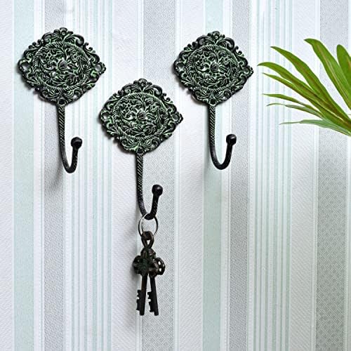 Indian Shelf Brass Antique Wall Hooks for Hanging Coat | Antique Hooks for Hanging | Unique Coat Hooks |Antique Brass Hooks | Antique Farmhouse Hooks | Green Hooks- 3 Pieces - Image 2