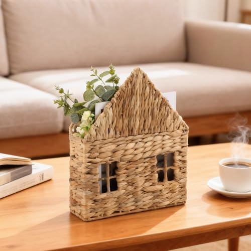 Wicker Magazine Holder Wall Basket Hanging Wall Mount Mail Rack Holder Storage Water Hyacinth House Shaped Woven Hanging Basket for Books & Files with Handle Home Office, 13.8 x 11 Inch - Image 3