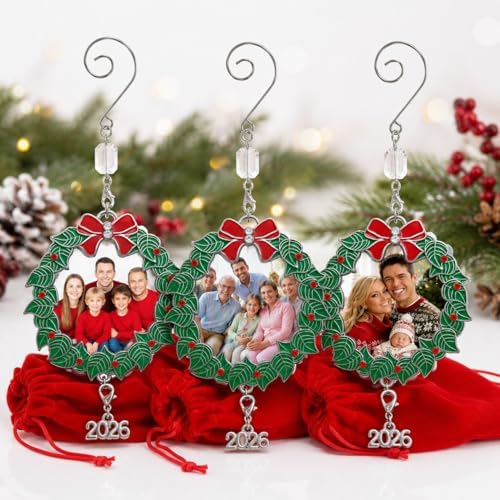 Family Christmas Ornament 2026 Set of 3, Holiday Wreath Picture Frame Ornaments with Dated 2026 Charm, 3 Inch Keepsake Photo Holder Ornaments for Tree, Gift Storage Bag Included - Image 6