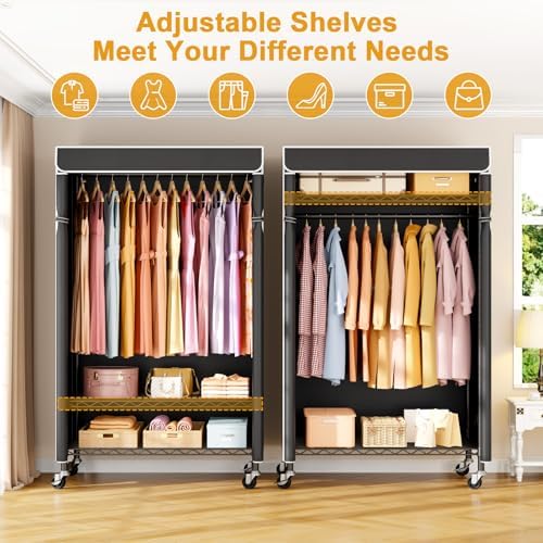 ULIFHOME P6C Rolling Clothes Rack with Cover, 3-Tier Covered Clothing Rack - Image 3