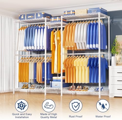 Ulif E12 Pro Clothes Rack，Heavy Duty Freestanding Garment Rack with Shelves，Metal Clothing Closet Storage System for Hanging Clothes，71" W x 16" D x 76.5" H, Hold 960 lbs，White - Image 6