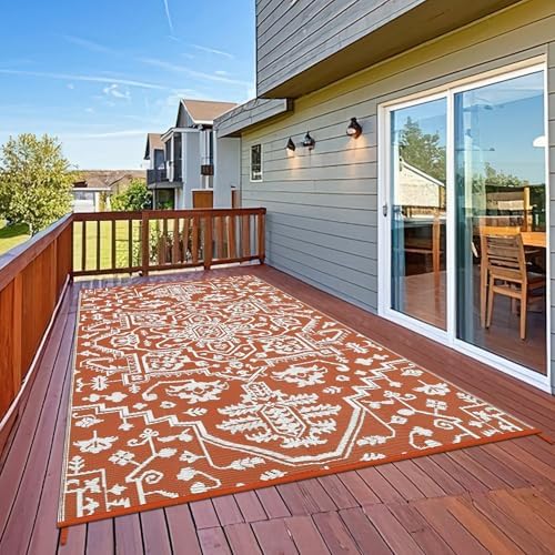 GAOMON 9x18 Boho Vintage Outdoor Rug Waterproof Patio Rug Vintage Floral Reversible Plastic Straw Picnic Rug Portable Outside Carpet for Patio RV Deck Backyard Beach Pool Side, Orange Red White - Image 2