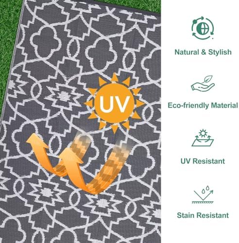 Reversible Mat 8x10 Plastic Straw Rug Outdoor Rug Geometric Area Rug Waterproof Patio Rug Outdoor Camping Rug for RV Porch Deck Camper Balcony Backyard Easy Cleaning Picnic Mat Grey White - Image 4