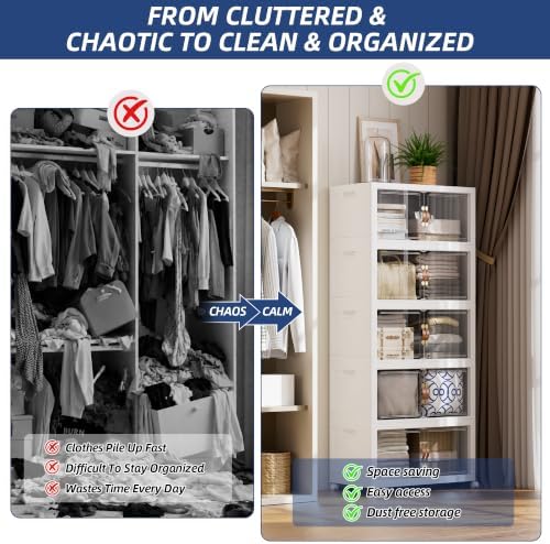SAILUN 825QT/206Gal Stackable Storage Bins with a Lid, Collapsible Storage Bins With Doors, Folding Cabinet for Home Closet Organization,5 Pack-30 W x 19.7" D x 80.9" H White - Image 2