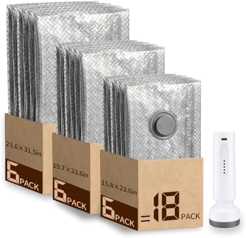 Travel Vacuum Seal Bags for Clothing,Vacuum Storage Bags with Rechargeable Pump,18 Pack Space Saver Compression for Clothes,Blankets,Bedding,Suitcase Luggage Seasonal Storage by EngineeredtoRoam