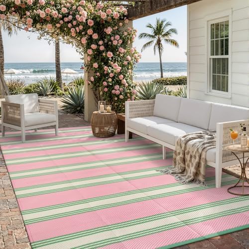 Lahome Striped Outdoor Rug 8x10 Patio Waterproof, Pink Outdoor Patio Rug by Lahome