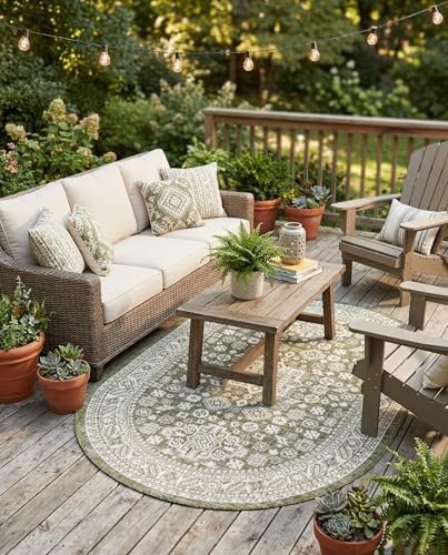 Rugs.com - Outdoor Aztec Rug – 5' 3 x 8' Oval Green Indoor/Outdoor Rug Durable Flatweave for Patios, Decks, and Porches by Rugscom