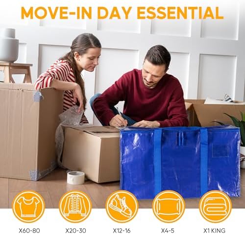 HealSmart 8 Pack Large Moving Bags with Zippers & Handles, Moving Supplies with lids, Heavy Duty Totes for Space Saving, Fold Flat, Moving and Storing, Blue - Image 6