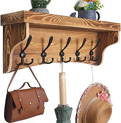 WEBI Wall Shelf with Hooks Underneath,24" Long Coat Rack Wall Mount with Shelf,5 Triple Hooks,Wall Shelves for Bathroom,Entryway,Rustic Brown by WEBI
