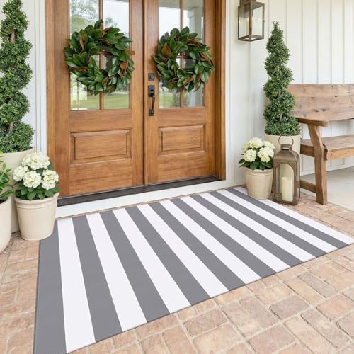 KOZYFLY Striped Rug 4x6 ft Cotton Woven Front Door Rugs, Gray and White by KOZYFLY