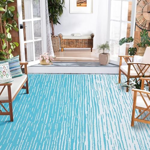 Outdoor Rug 6x9 Waterproof Patio Rugs Abstarct Line Reversible Mat for Front Door Rv Foldable Plastic Straw Carpet for Travel Trailers, Deck, Picnic, Porch, Camper, Balcony, Beach，Light Blue - Image 4