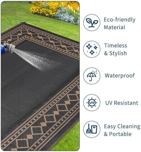 GlowSol 8x10 Waterproof Outdoor Rug Reversible Plastic Straw Area Rug, Portable RV Camping Mat for Patio Deck Backyard Porch Balcony Beach Stain Resistant Outdoor Floor Carpet for Outside, Black/Brown - Image 5