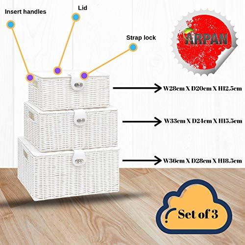 ARPAN Set of 3 Resin Woven Utility Storage Basket Box With Lid & Lock (White) - Image 4