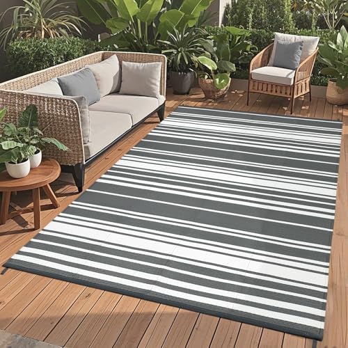GAOMON Modern Lines 9x12 Outdoor Rug Waterproof Geometric Striped Reversible Camping Plastic Straw Carpet UV-Resistant Lightweight Portable Modern Indoor Outdoor Rugs for RV Deck Balcony, Grey White - Image 2