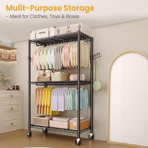 Rolling Wardrobe Rack 727LBS Heavy Duty Clothes Organizer Shelves - Image 6