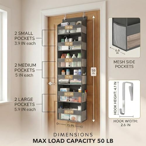 HOMELUX THEORY Over the Door Organizer, 6-Tier, 100D Fabric, Dark Gray 2pc - Image 2