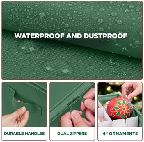 Christmas Ornament Storage Container with Dividers - Box Stores Up to 96 Ornaments, Zippered, Convenient, Adjustable, Large Organizer Bin to Protect Holiday Décor, Fits Most Standard Size, Green - Image 3