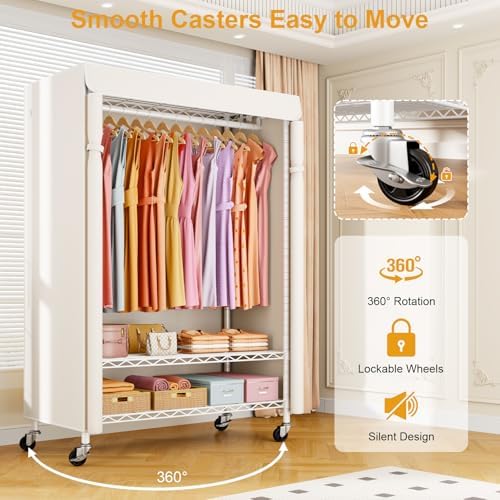 ULIFHOME P6C Plus Rolling Clothes Rack with Cover, Covered Clothing Rack - Image 4