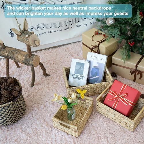 VATIMA Hyacinth Wicker Basket Set 3 size - Rectangular, Wooden Handles, Shelf Organizer, Natural Bins - Image 5