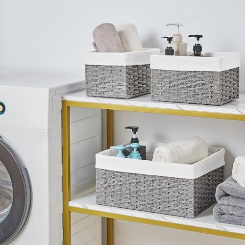 Vagusicc Wicker Basket, Set of 3 Hand-woven Storage Baskets for Organizing, Decorative Rectangle Wicker Storage Basket Bins with Handles, Small Toilet Paper Storage Baskets for Shelves & Decor, Grey - Image 4