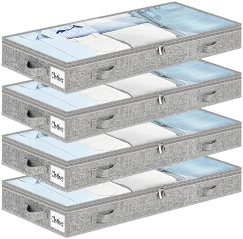 3 Inch Low Profile Under Bed Storage Drawer 4 Pack, Lightweight Underbed Clothes Storage Container Bins With NO STURCTURE, Shallow Storage Bag for Dorm & Home, With Clear Lids & Water-Resistant Fabric by KUKIKAN