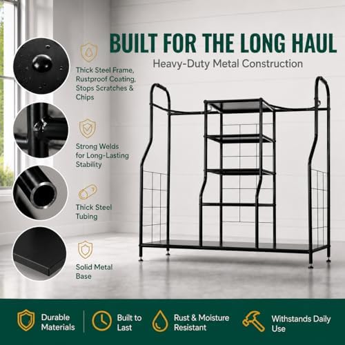 Morvat Golf Organizer for Golf Bags, Clubs, Gadgets, Travel Stuff, & Accessories, Adjustable Feet, Store and Organize Your Equipment, Holds 2 Golf Bags & 5 Metal Accessory Shelves, 38x36x16 - Image 2