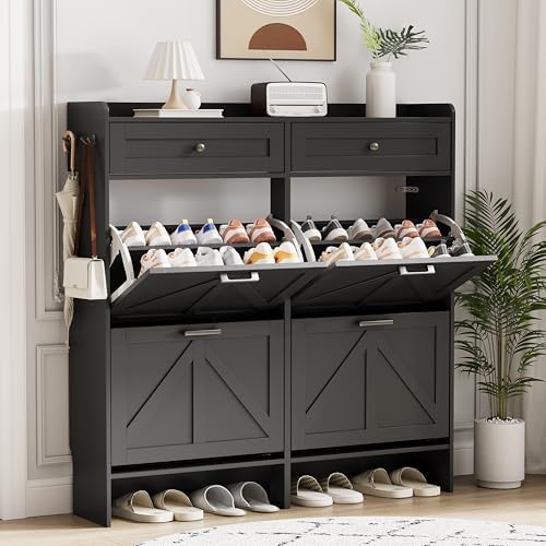 Shoe Cabinet with 4 Flip Drawers & 2 Top Drawers, 43" Tall Freestanding Narrow Wooden Shoe Storage Organizer for Entryway, Hidden Slim Shoe Rack for Front Door Entrance, Hallway, Living Room, Black by Xixini