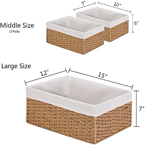 Vagusicc Wicker Storage Basket, 3-Pack Woven Paper Rope Wicker Baskets with Handles, Large Wicker Basket Cube Storage Bins with Liners, Storage Baskets for Organizing Shelves & Decor, Natural - Image 2
