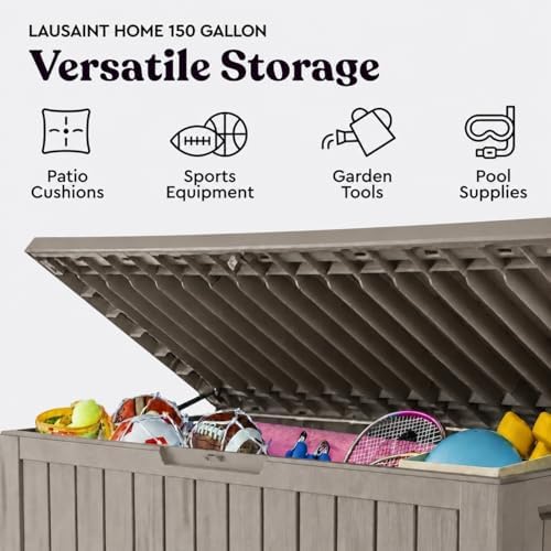 LAUSAINT HOME 150 Gallon Resin Deck Box, Package Delivery Box with Lockable Lid, Waterproof Outdoor Storage Box For Garden Tools, Patio Cushions(150 Gallon,Grey) - Image 5