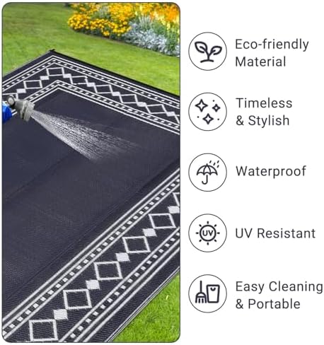 GlowSol 10x14 Outdoor Rug Waterproof Reversible Camping Mat, Plastic Straw Rug for RV Deck Backyard Porch Balcony Lawn & Beach, Easy Cleaning Outdoor Patio Rugs for Outside Decor, Dark Blue/White - Image 3
