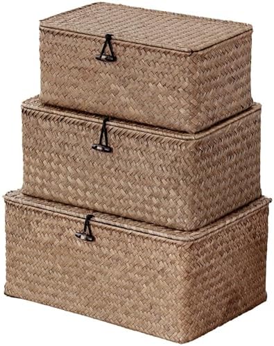 Nonam Wicker Storage Basket with Lid,Seagrass Shelf Basket Set of 3,Coffee by Home