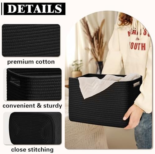 Storage Baskets for Organizing, 4 Pack Baskets for Shelves, Decorative Storage Bins for Shelves, Cotton Rope Storage Basket with Handles, Woven Basket for Storage, 13''Lx8.7''Wx7.9''H, Black - Image 5