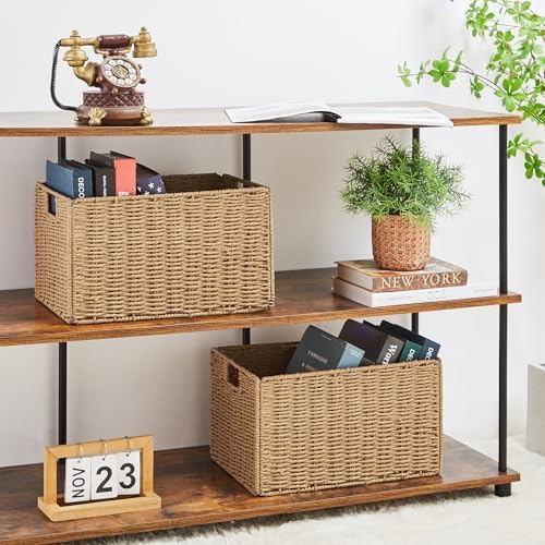 Vagusicc Wicker Storage Basket, Set of 2 Hand-Woven Paper Rope Wicker Basket, Small Storage Baskets for Organizing Toilet Paper Basket, Foldable Large Cube Storage Organizer Bins for Shelves (Natural) - Image 3
