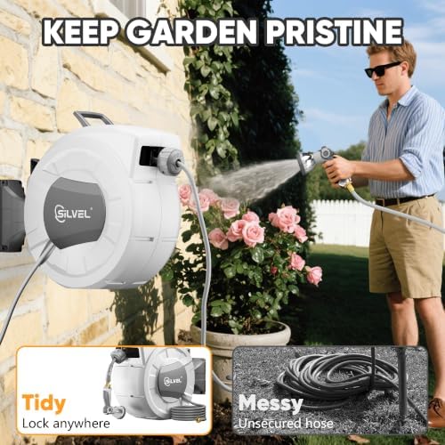 SILVEL Retractable Garden Hose Reel, 5/8 in x 75ft Wall Mount Heavy Duty Automatic Hose Reel with 10 Pattern Nozzle, Any Length Lock & Slow Return System, 180°Swivel Bracket Upgraded UV Resistant - Image 2