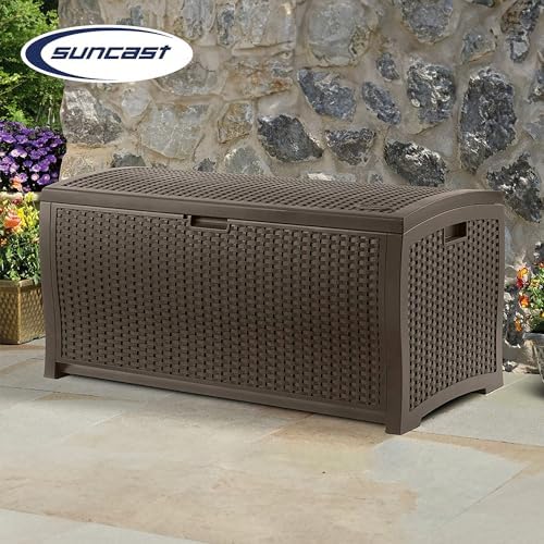 Suncast 99 Gallon Deck Garden Garage Home Wicker Resin Pool Box, Mocha (3 Pack) - Image 4