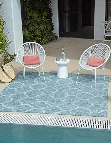 Unique Loom Outdoor Trellis Collection Area Rug - Trellis (Square 13' 0" x 13' 0", Aquamarine/ Gray) by UniqueLoom